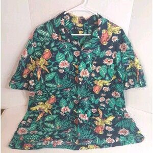 Chaps Mens 2XL Black Hawaiian Parrot Tropical Short Sleeve Button Up Shirt